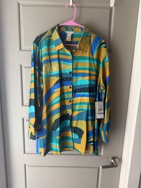 Multiples Women’s Striped Button-Front Blouse in Teal, Mustard & Blue